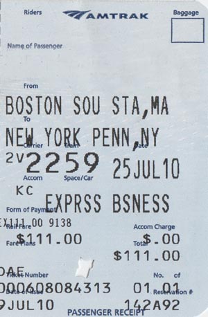Ticket Stub, Amtrak Train 2259 From Boston South Station To New York Penn Station, July 25, 2010