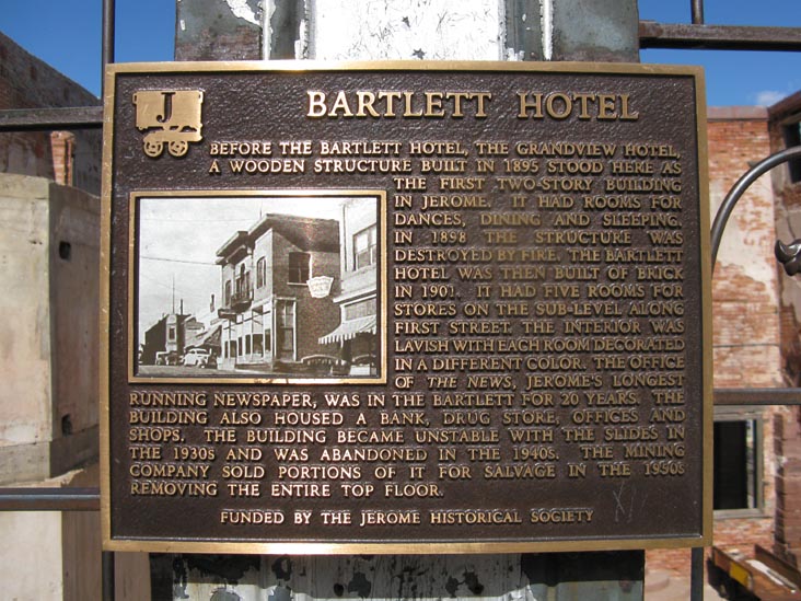 Jerome Historical Society Plaque, Bartlett Hotel, Main Street and 1st Avenue, Jerome, Arizona