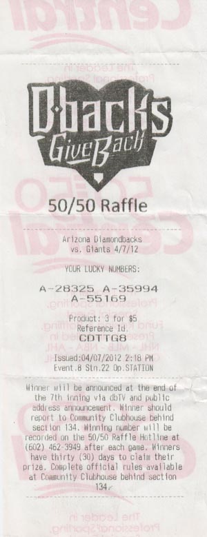 Diamondbacks Give Back 50/50 Raffle Ticket, April 7, 2012