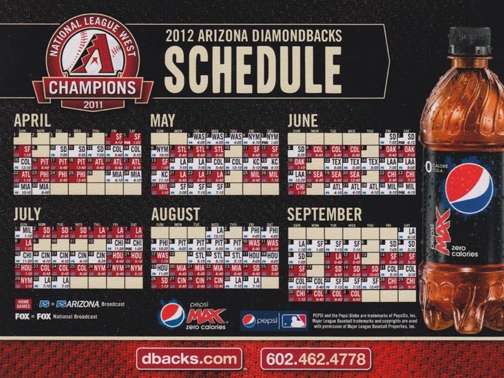 2012 Arizona Diamondbacks Magnet Schedule