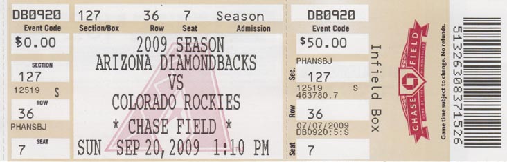 Ticket, Arizona Diamondbacks vs. Colorado Rockies, Chase Field, Phoenix, Arizona, September 20, 2009