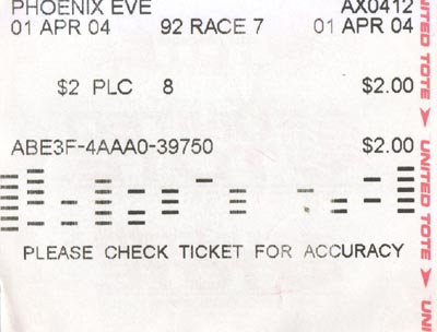 Bet Ticket, April 1, 2004, Phoenix Greyhound Park, 3801 East Washington Street, Phoenix, Arizona