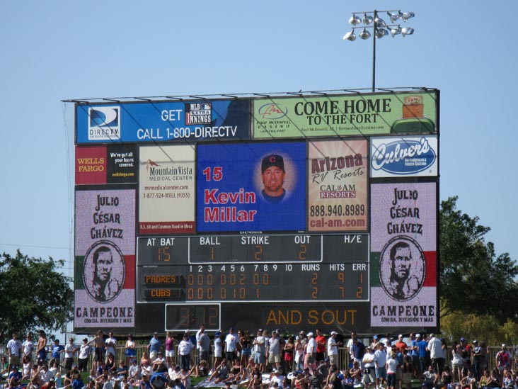 Scoreboard, Chicago Cubs vs. San Diego Padres Spring Training, Hohokam Stadium, 1235 North Center Street, Mesa, Arizona, March 27, 2010