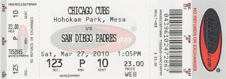 Ticket, Chicago Cubs vs. San Diego Padres Spring Training, Hohokam Stadium, 1235 North Center Street, Mesa, Arizona, March 27, 2010