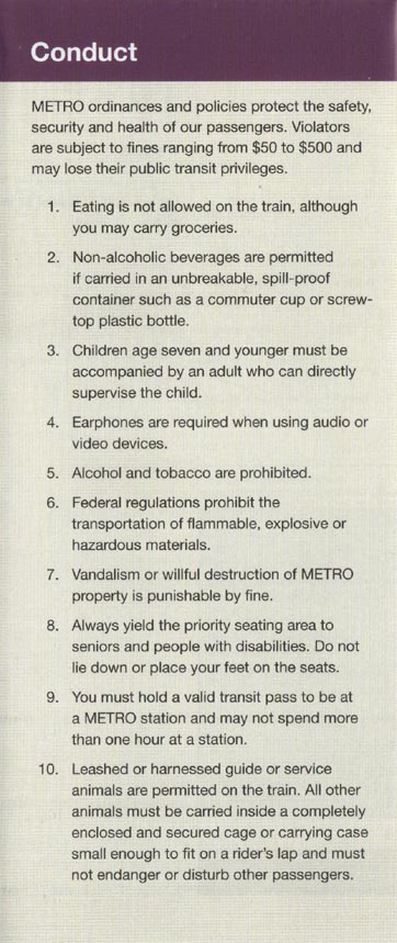 Rules of Conduct, Ride Guide, METRO Light Rail, Phoenix, Arizona