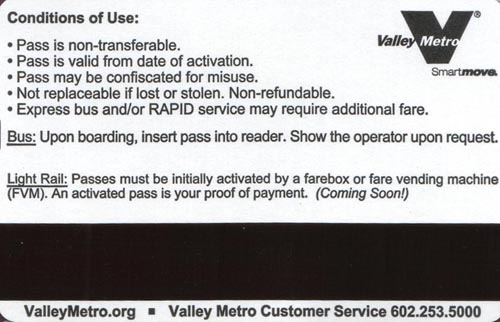 Ticket (Reverse Side), METRO Light Rail, Phoenix, Arizona, January 1, 2009