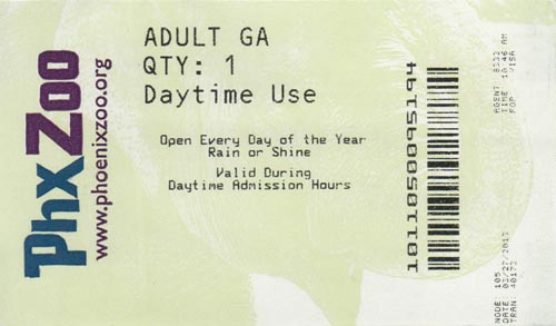 Ticket, Phoenix Zoo, Phoenix, Arizona, March 27, 2013