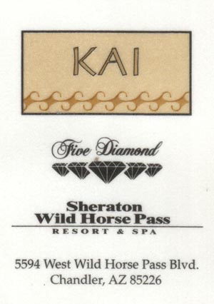 Business Card, Kai Restaurant, Sheraton Wild Horse Pass Resort & Spa, Gila River Indian Community, Chandler, Arizona
