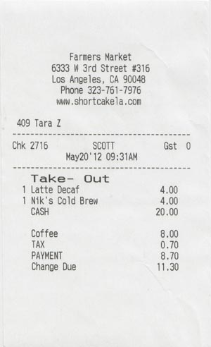 Receipt, Short Cake, Stall 316, Farmers Market, 6333 West 3rd Street at Fairfax, Los Angeles, California, May 20, 2012