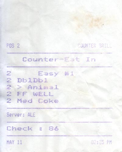 Receipt, In-N-Out Burger, 9245 West Venice Boulevard, West Los Angeles, Los Angeles, California