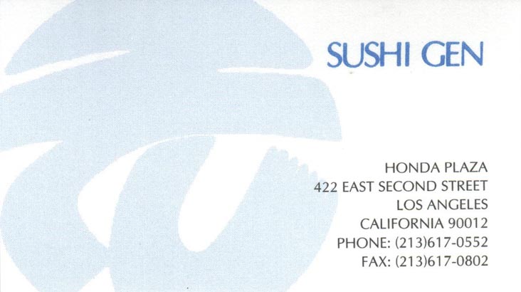 Business Card, Sushi Gen, 422 East 2nd Street, Los Angeles, California