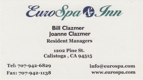 Business Card, Euro Spa & Inn, 1202 Pine Street, Calistoga, California