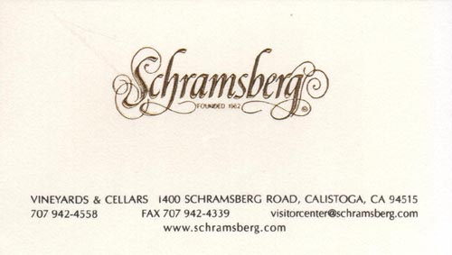 Business Card, Schramsberg Vineyards, 1400 Schramsberg Road, Calistoga, California