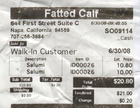 Receipt, Fatted Calf, Oxbow Public Market, 644 C First Street, Napa, California