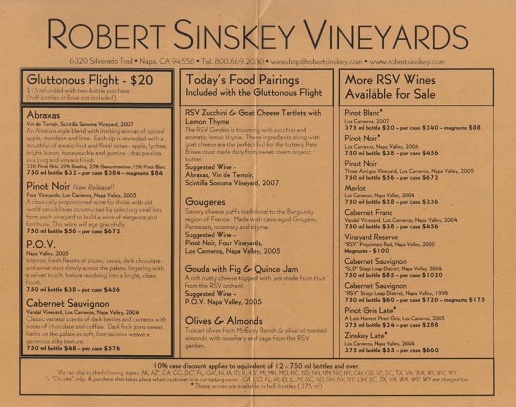 Tasting Menu, Robert Sinskey Vineyards, 6320 Silverado Trail, Napa, California