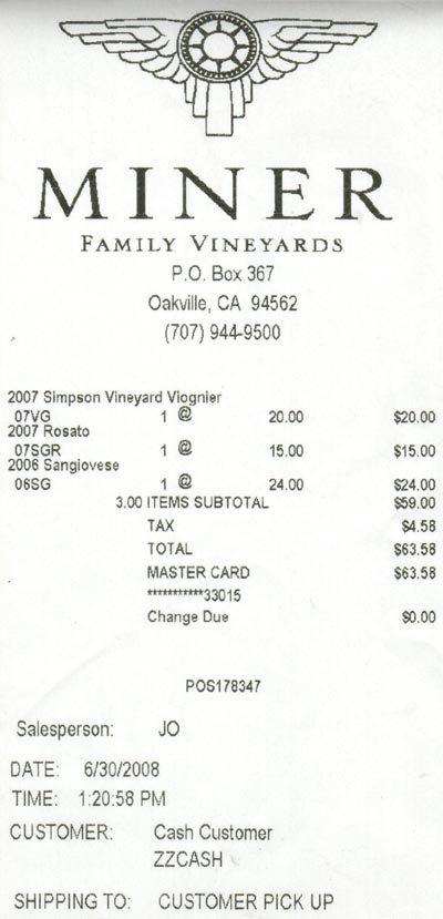 Receipt, Miner Family Vineyards, 7850 Silverado Trail, Oakville, California