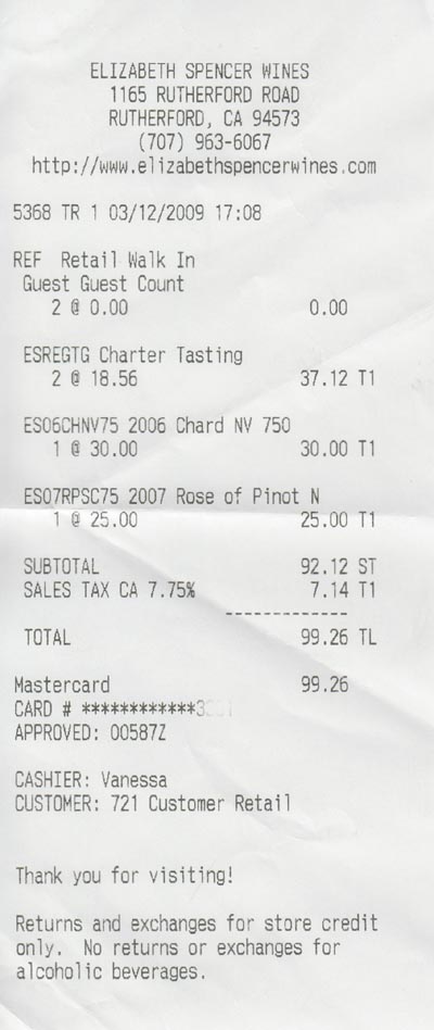 Receipt, Elizabeth Spencer Wines, 1165 Rutherford Road, Rutherford, California