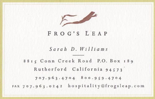 Business Card, Frog's Leap Winery, 8815 Conn Creek Road, Rutherford, California