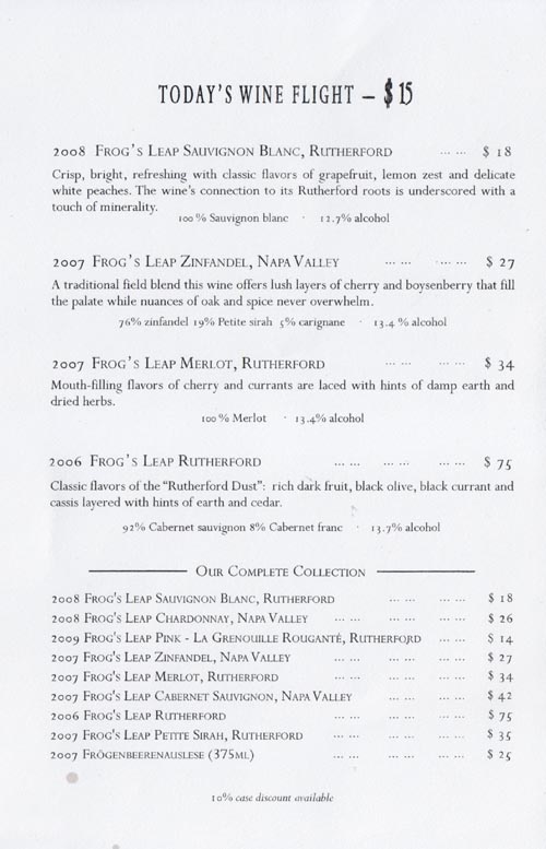 Wine Flight Tasting Notes, Frog's Leap Winery, 8815 Conn Creek Road, Rutherford, California