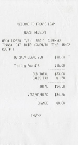 Receipt, Frog's Leap Winery, 8815 Conn Creek Road, Rutherford, California