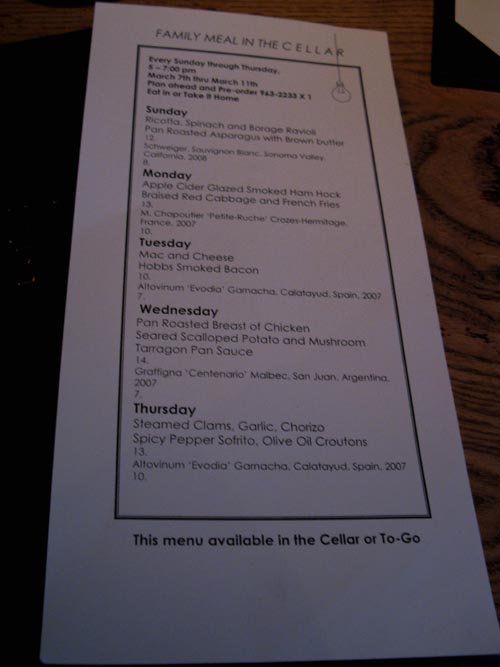 Family Meal in the Cellar Menu, Martini House, 1245 Spring Street, St. Helena, California