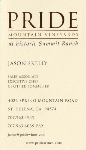 Business Card, Pride Mountain Vineyards, 4026 Spring Mountain Road, St. Helena, California
