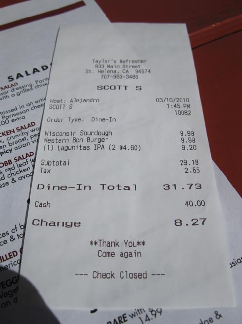 Receipt, Taylor's Automatic Refresher, 933 Main Street, St. Helena, California, March 10, 2010