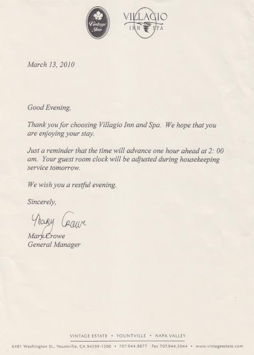 Daylight Savings Time Reminder, Villagio Inn & Spa, 6481 Washington Street, Yountville, California, March 13, 2010