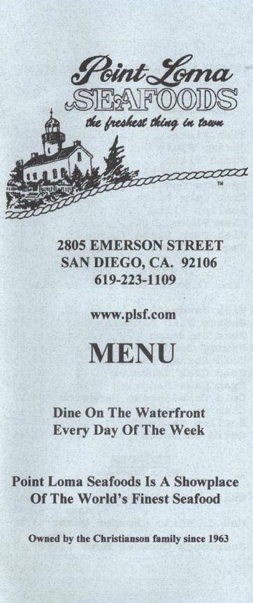 Menu, Point Loma Seafoods, 2805 Emerson Street, San Diego, California