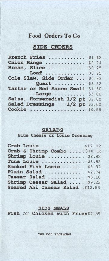 Side Orders, Salads and Kids Meals, Menu, Point Loma Seafoods, 2805 Emerson Street, San Diego, California