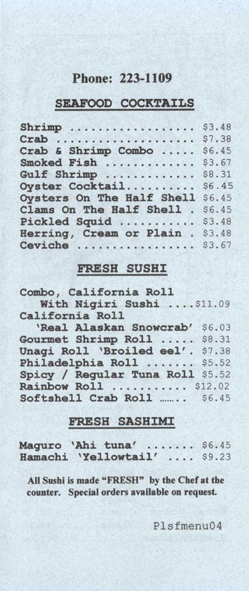 Seafood Cocktails, Sushi and Sashimi, Menu, Point Loma Seafoods, 2805 Emerson Street, San Diego, California