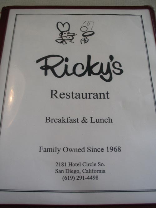 Menu, Ricky's Restaurant, 2181 Hotel Circle South, San Diego, California