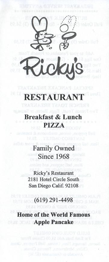 Menu, Ricky's Restaurant, 2181 Hotel Circle South, San Diego, California