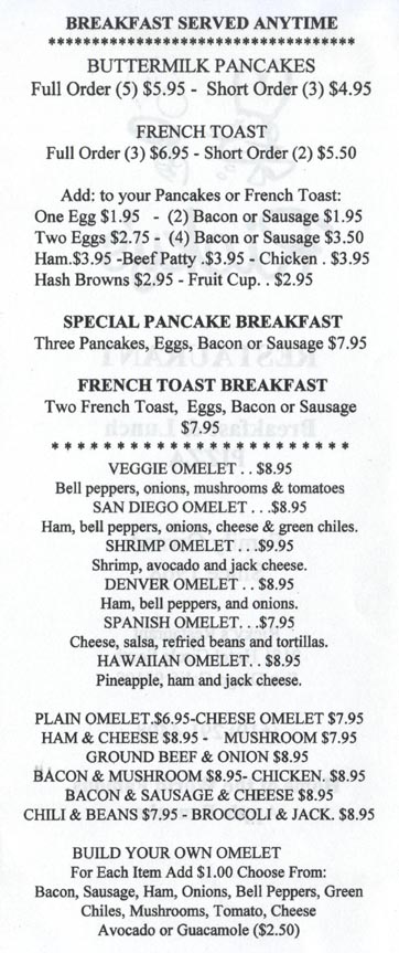 Breakfast Items, Menu, Ricky's Restaurant, 2181 Hotel Circle South, San Diego, California