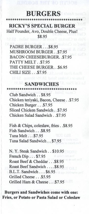 Burgers, Menu, Ricky's Restaurant, 2181 Hotel Circle South, San Diego, California