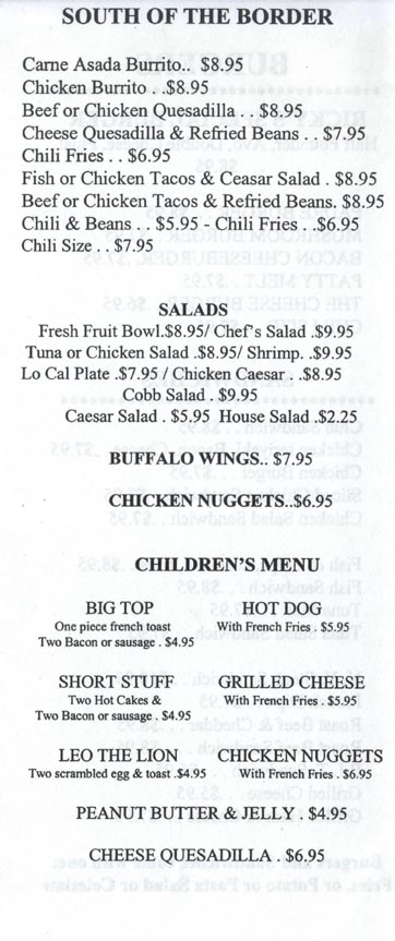 South of the Border Items, Salads and Children's Menu, Menu, Ricky's Restaurant, 2181 Hotel Circle South, San Diego, California
