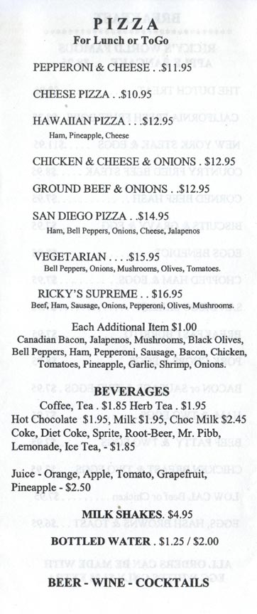 Pizza and Beverages, Menu, Ricky's Restaurant, 2181 Hotel Circle South, San Diego, California