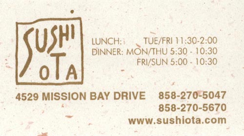 Business Card, Sushi Ota, 4529 Mission Bay Drive, San Diego, California