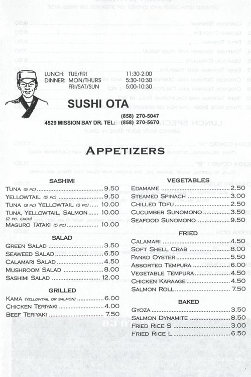 Sushi Ota Menu, 4529 Mission Bay Drive, San Diego, California