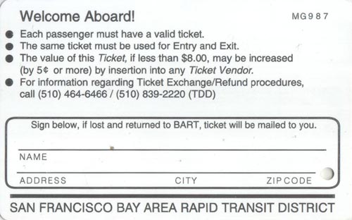 Ticket (Back), Bay Area Rapid Transit (BART), San Francisco, California