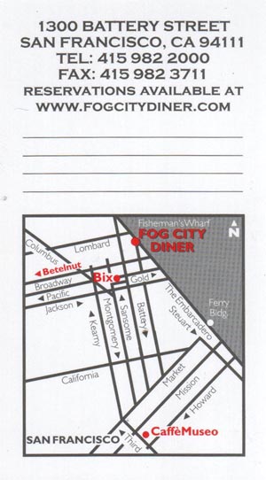 Business Card (Back), Fog City Diner, San Francisco, California