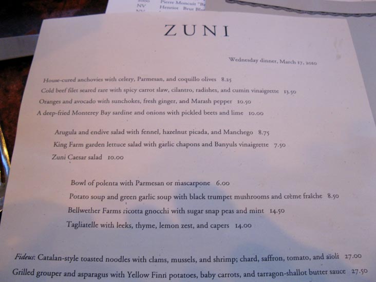 Menu, Zuni Cafe, 1658 Market Street, Hayes Valley, San Francisco, California