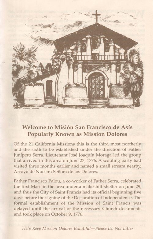Brochure, Mission Dolores, 3321 16th Street, Mission District, San Francisco, California
