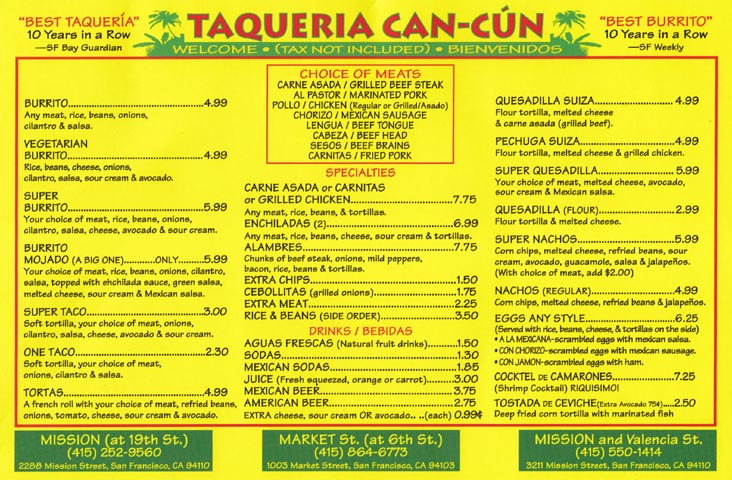 Menu, Taqueria Cancun, 2288 Mission Street, Mission District, San Francisco, California