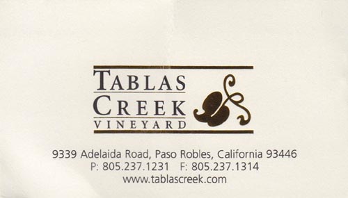 Business Card, Tablas Creek Vineyard, 9339 Adelaida Road, Paso Robles, California