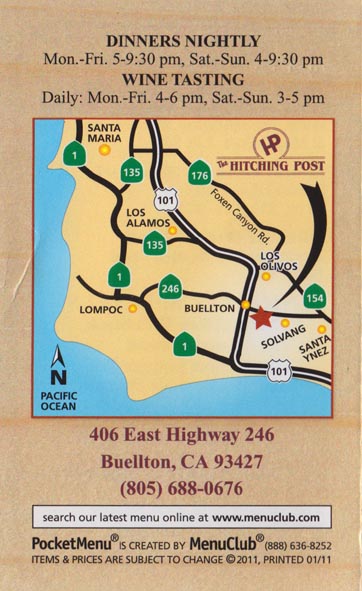Menu, The Hitching Post II, 406 East Highway 246, Buellton, California