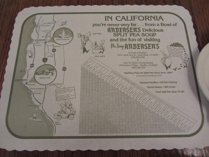 Placemat, Pea Soup Andersen's, 376 Avenue of Flags, Buellton, California