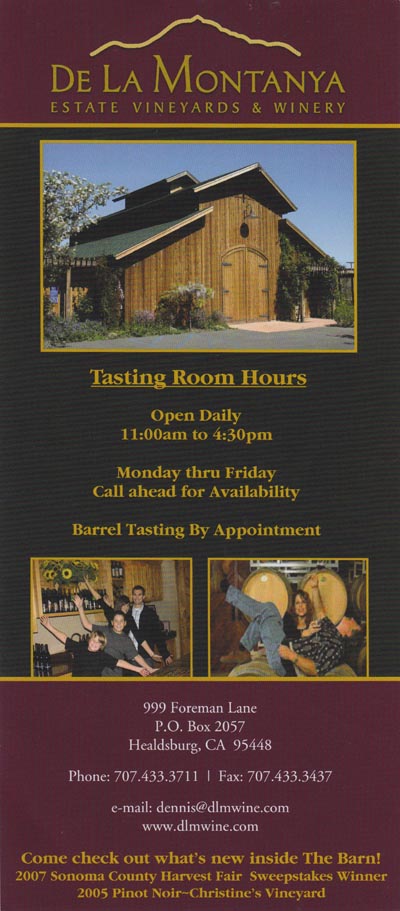 Brochure, De La Montanya Winery &amp; Vineyards, 999 Foreman Lane, Healdsburg, California
