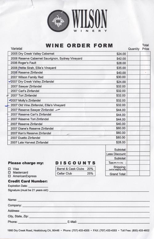 Order Form, Wilson Winery, 1960 Dry Creek Road, Healdsburg, California