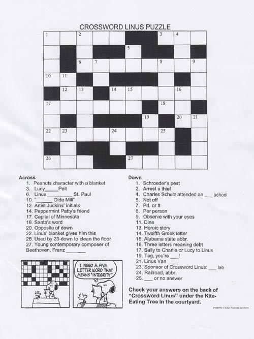 Crossword Linus Puzzle, Charles M. Schulz Museum and Research Center, 2301 Hardies Lane, Santa Rosa, California